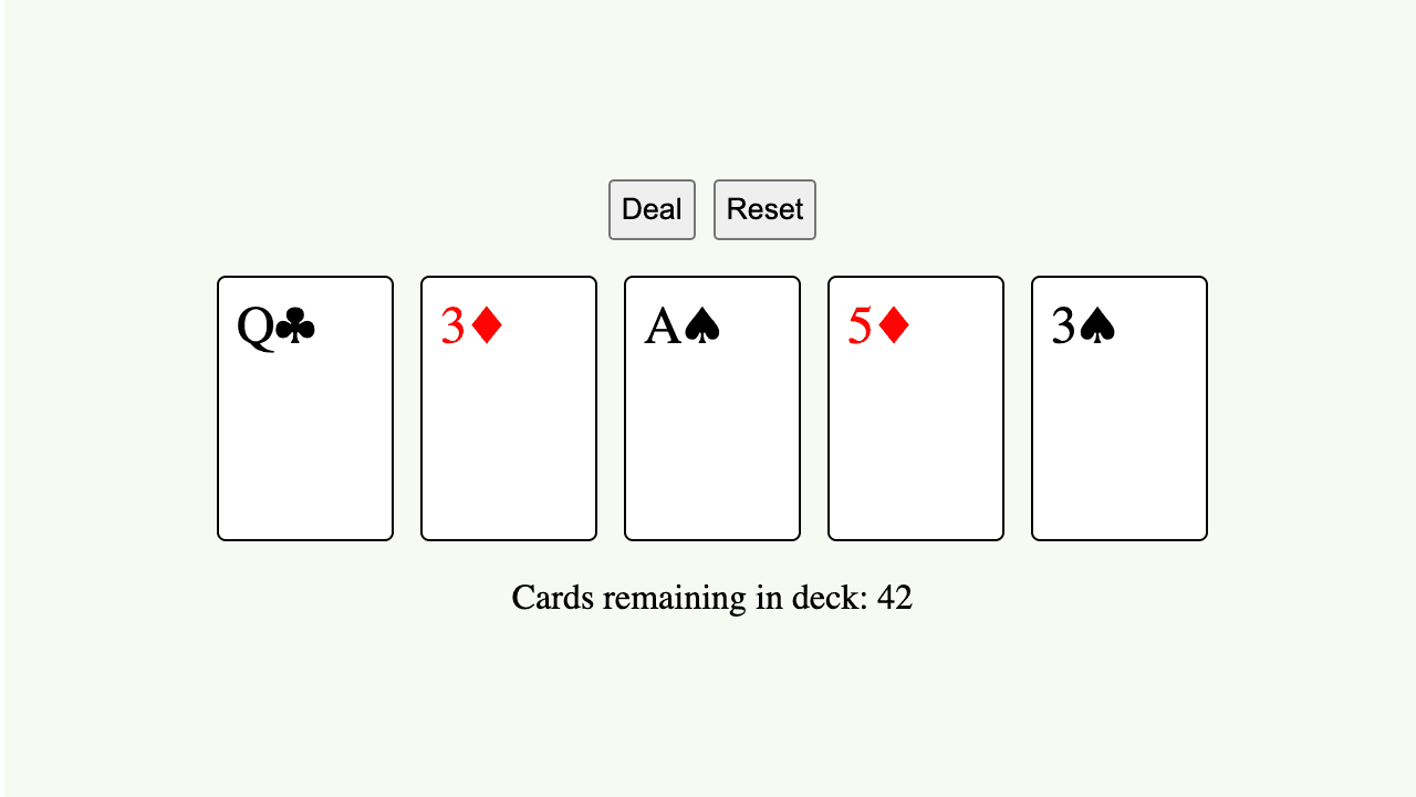 Simulates dealing a hand of cards from a standard deck, displaying the drawn cards to the user.