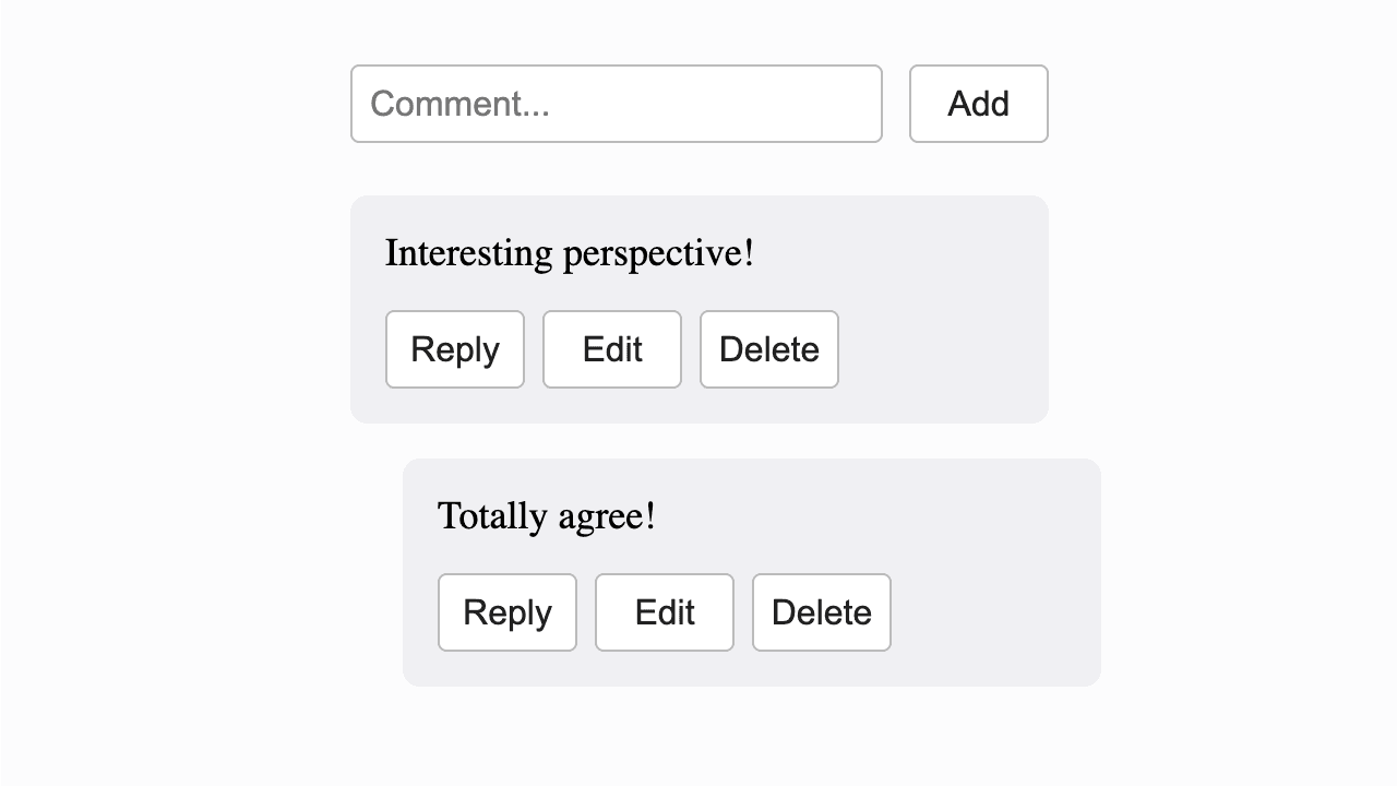 Nested commenting system that visually distinguishes between comment levels, akin to Reddit or Twitter discussions.