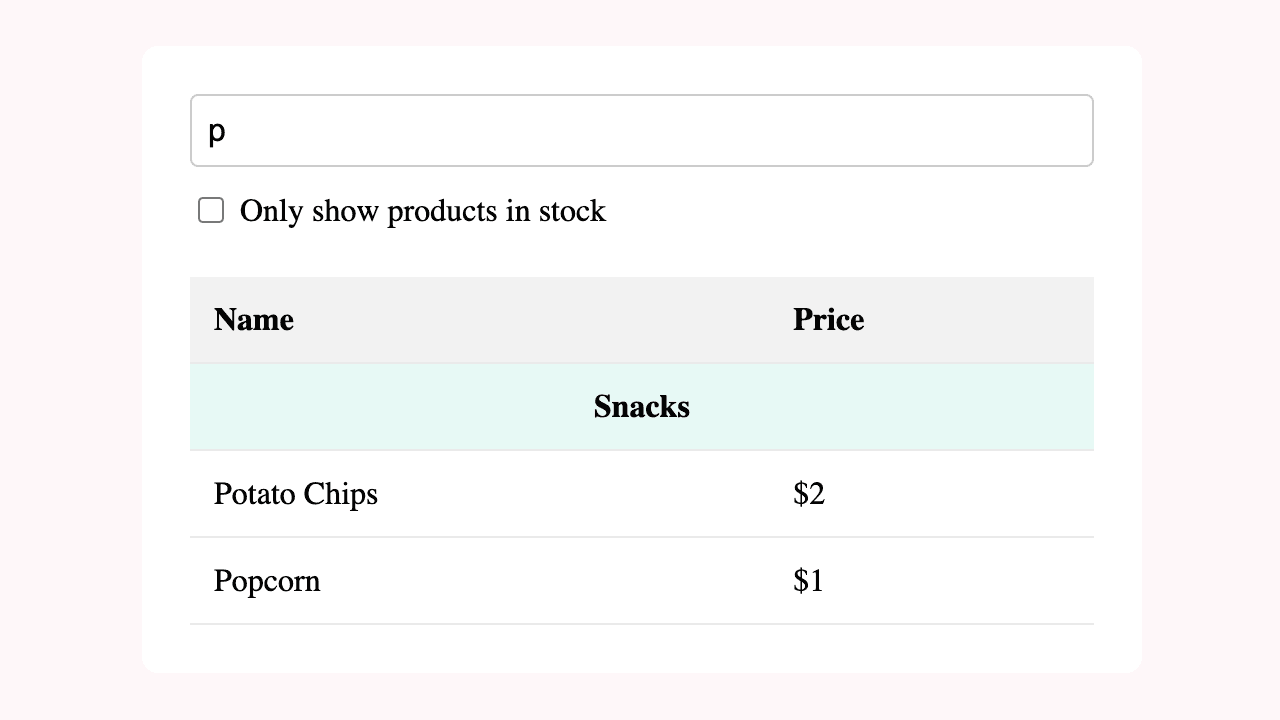 Filterable Table example interface