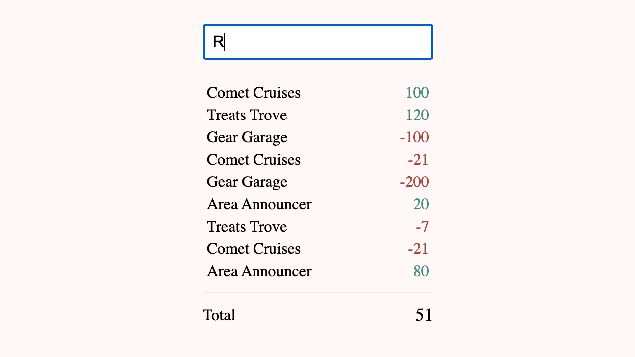 Transaction Filtering example interface